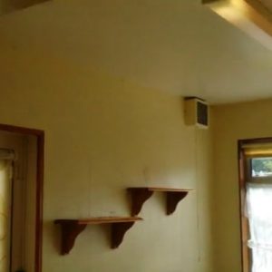 interior of kitchen with shelves