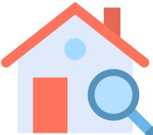 Blue house with orange roof and blue magnifying glass