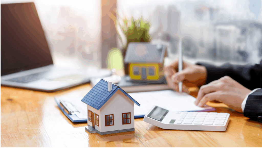Person writing at desk with wooden house on desk