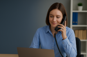 Girl in blue shirt on phone