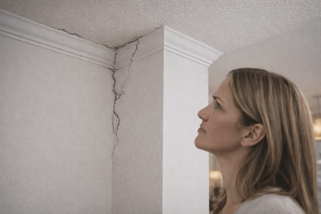 woman looking at cracked ceiling
